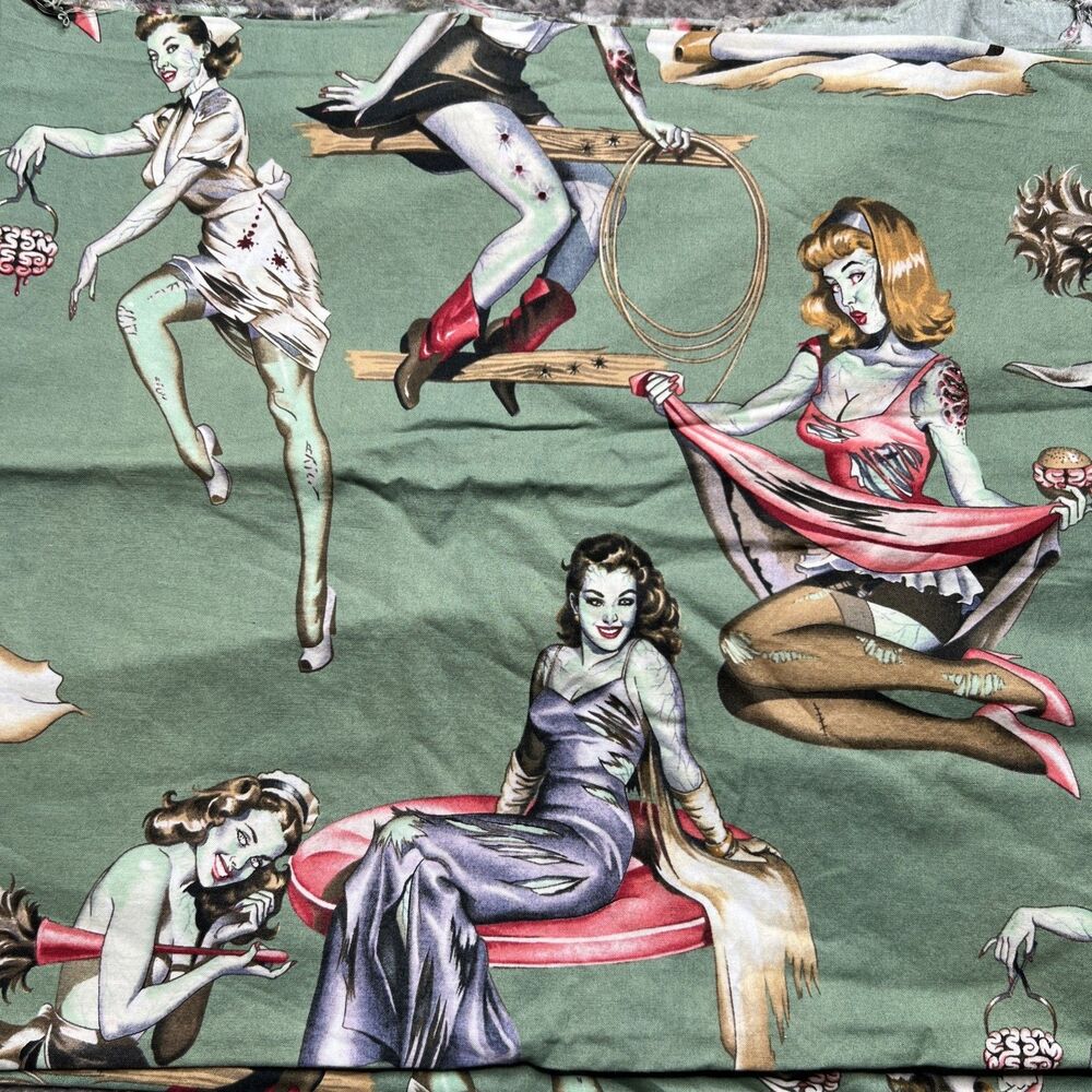 Alexander Henry Beauties and Brains Zombie Pin-Up Fabric 1.9 Yards Green Kitschy